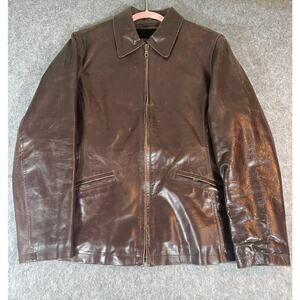 VINTAGE The Leather Company Jacket Mens Large Brown Full Zip Fleece Lined Moto